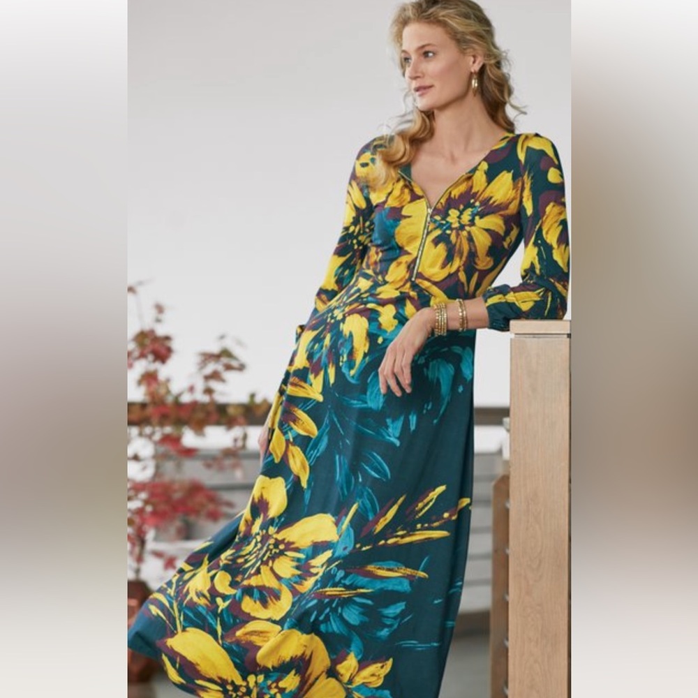 Soft Surroundings Teal Maxi Dress with Bold Yellow Floral Print